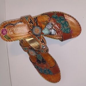 Elite by Corkys Womens Navajo Sandals Brown Turquoise Tooled Leather Size 11